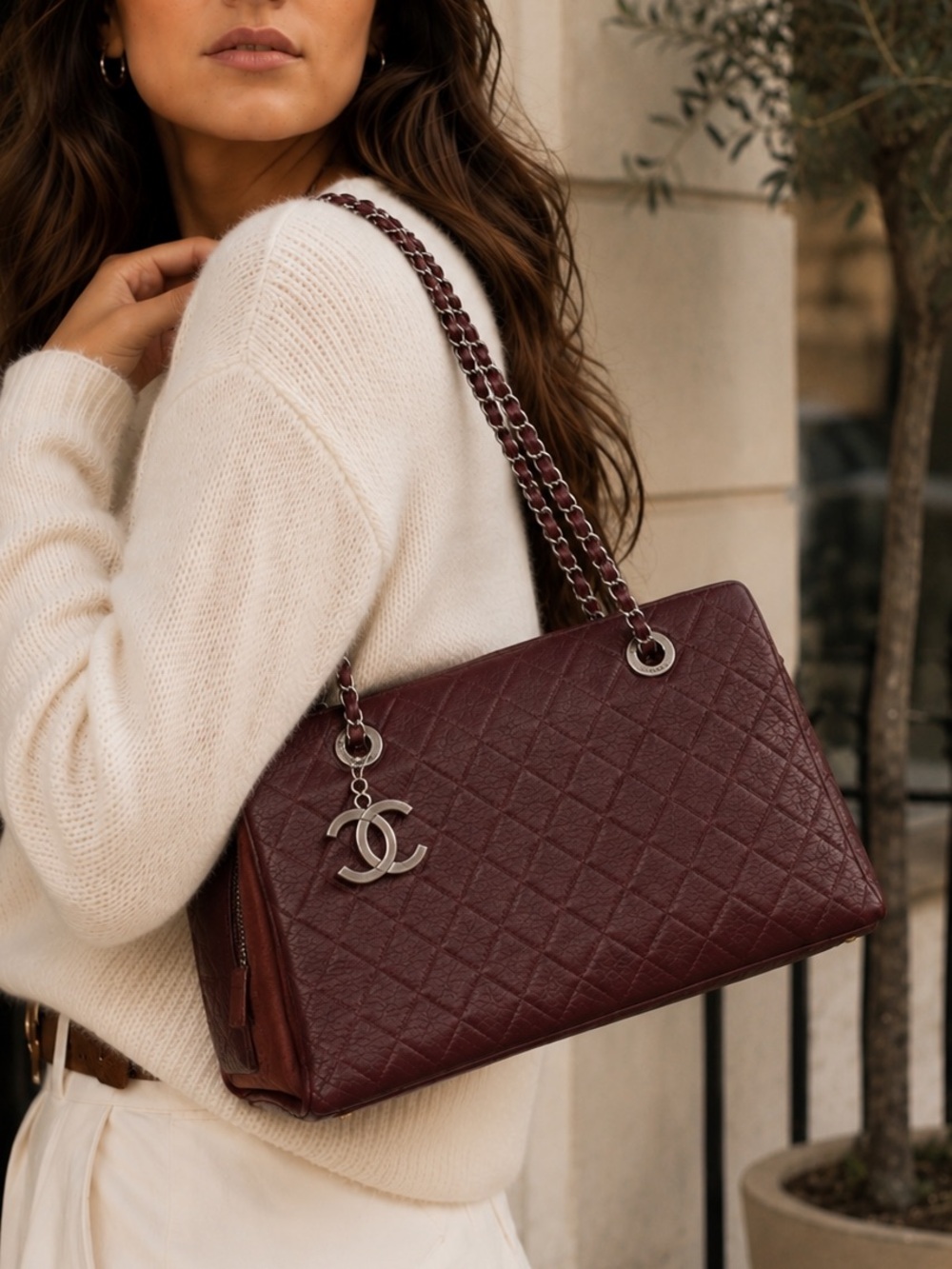 CHANEL 2013 Burgundy Quilted Leather Chain Tote Shoulder Bag Silver CC Authentic